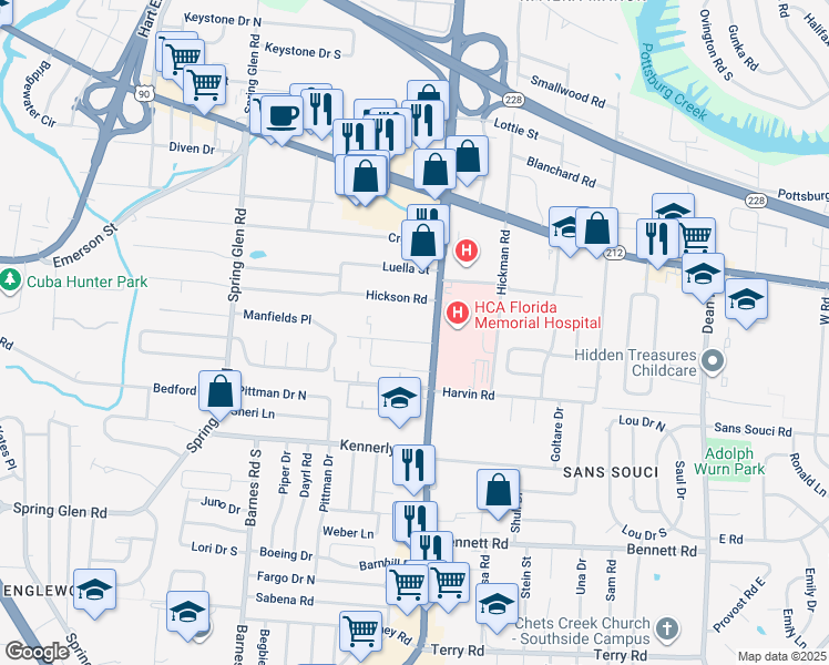map of restaurants, bars, coffee shops, grocery stores, and more near 3648 University Boulevard South in Jacksonville