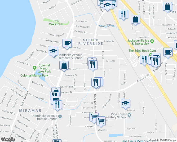map of restaurants, bars, coffee shops, grocery stores, and more near 1730 Sheridan Street in Jacksonville