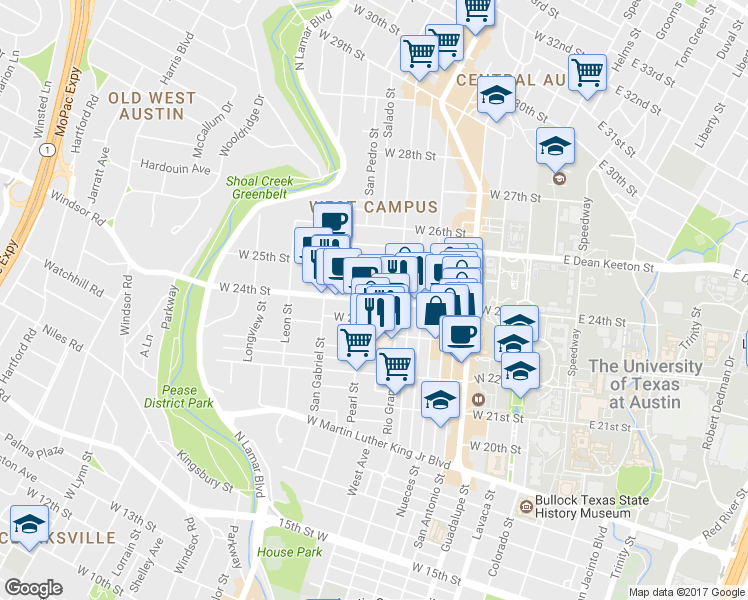 map of restaurants, bars, coffee shops, grocery stores, and more near 819 West 24th Street in Austin