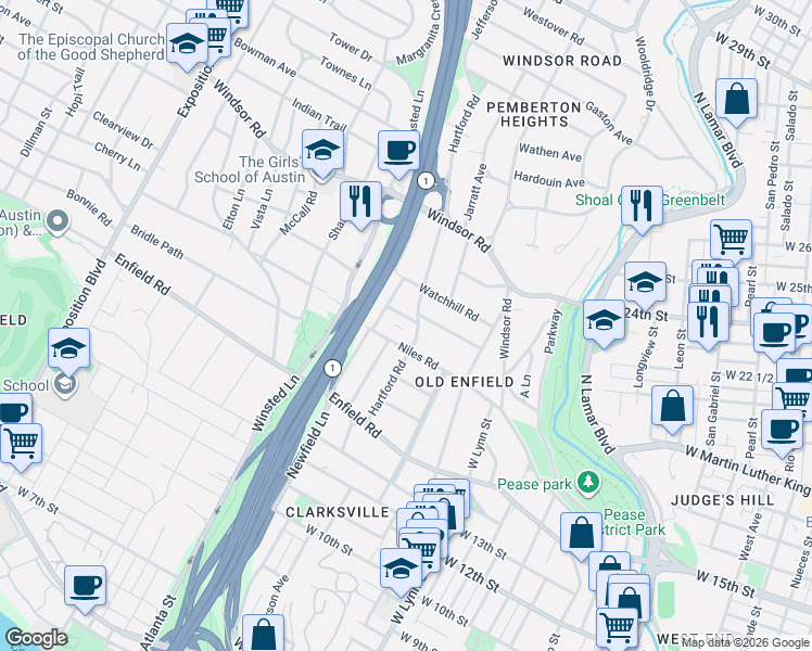 map of restaurants, bars, coffee shops, grocery stores, and more near 2105 Newfield Lane in Austin