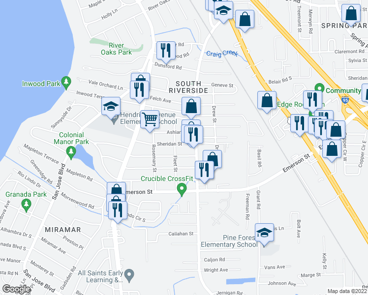 map of restaurants, bars, coffee shops, grocery stores, and more near 1730 Sheridan Street in Jacksonville