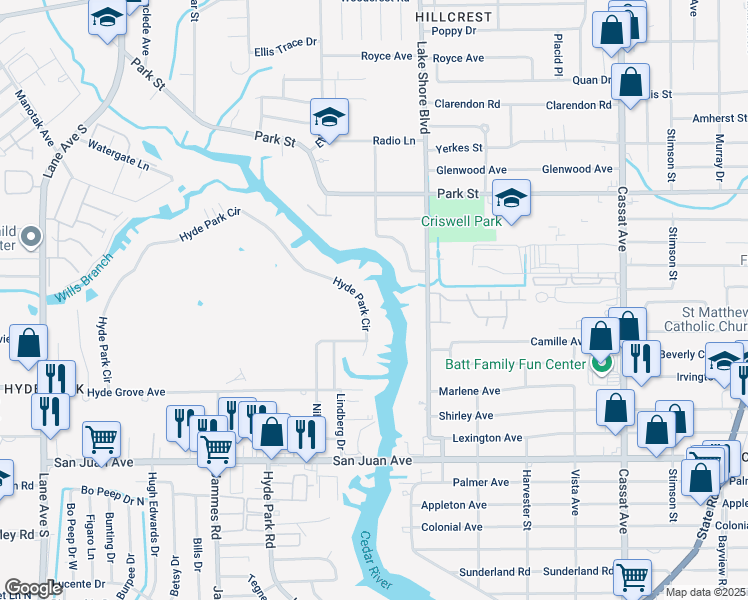 map of restaurants, bars, coffee shops, grocery stores, and more near 5577 Hyde Park Circle in Jacksonville