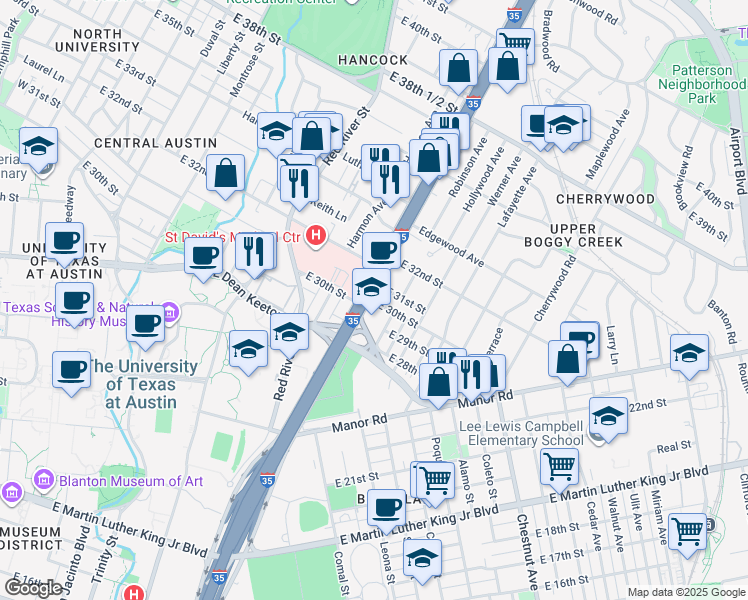 map of restaurants, bars, coffee shops, grocery stores, and more near 3007 1/2 Interstate 35 in Austin