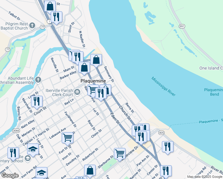 map of restaurants, bars, coffee shops, grocery stores, and more near 57735 Haase Street in Plaquemine