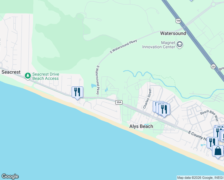 map of restaurants, bars, coffee shops, grocery stores, and more near 9247 East County Highway 30A in Panama City Beach