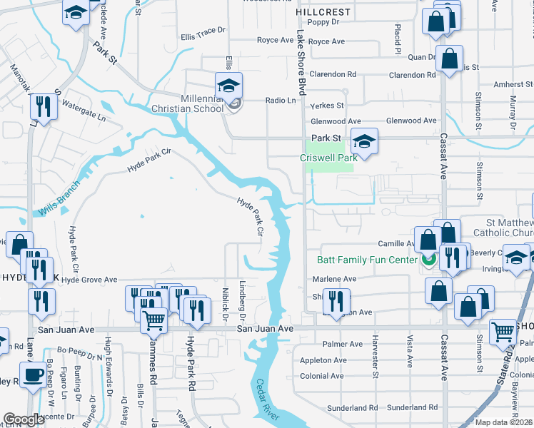 map of restaurants, bars, coffee shops, grocery stores, and more near 5577 Hyde Park Circle in Jacksonville