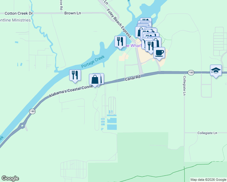 map of restaurants, bars, coffee shops, grocery stores, and more near 4367 Collegiate Lane in Orange Beach