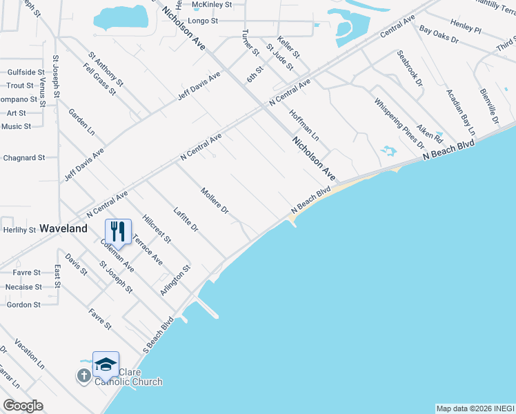 map of restaurants, bars, coffee shops, grocery stores, and more near 117 Sarah's Lane in Waveland