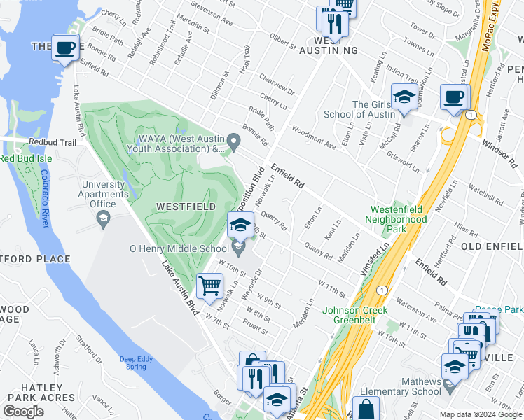 map of restaurants, bars, coffee shops, grocery stores, and more near 1210 Norwalk Lane in Austin