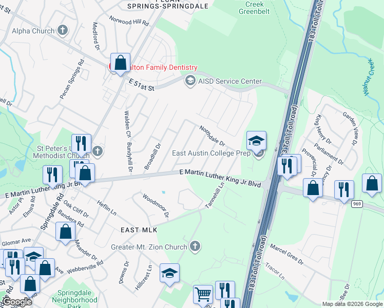 map of restaurants, bars, coffee shops, grocery stores, and more near 4802 York Hill Drive in Austin