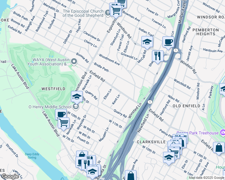 map of restaurants, bars, coffee shops, grocery stores, and more near 2315 Enfield Road in Austin