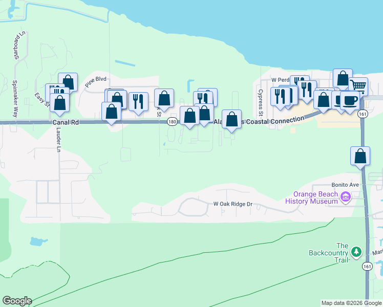 map of restaurants, bars, coffee shops, grocery stores, and more near 25038 Canal Road in Orange Beach