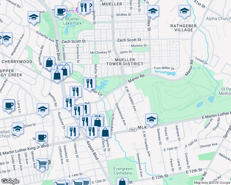 map of restaurants, bars, coffee shops, grocery stores, and more near 3501 Manor Road in Austin