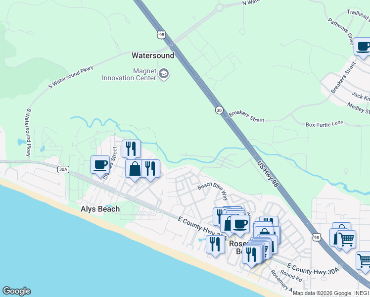 map of restaurants, bars, coffee shops, grocery stores, and more near 402 Redbud Lane in Rosemary Beach