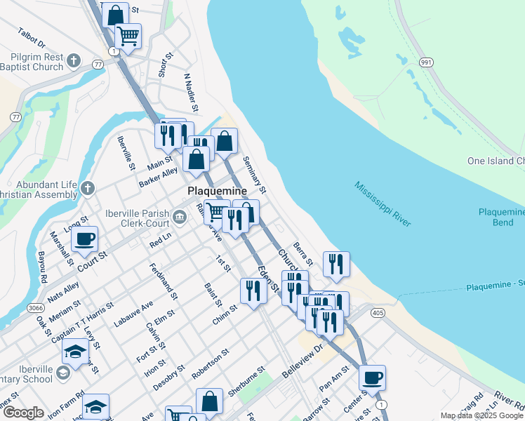 map of restaurants, bars, coffee shops, grocery stores, and more near 57735 Haase Street in Plaquemine