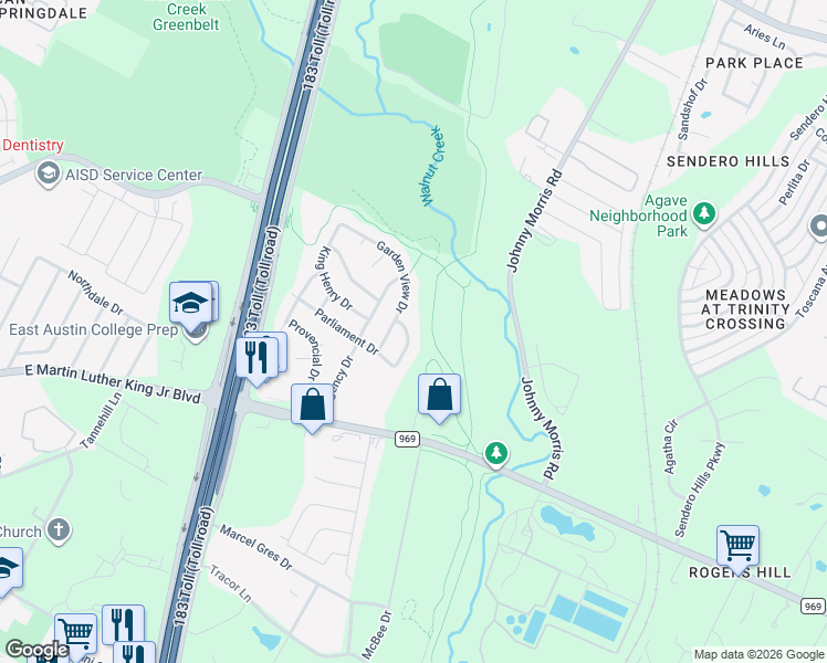 map of restaurants, bars, coffee shops, grocery stores, and more near 5303 Heritage Village Drive in Austin