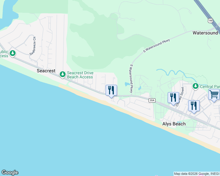 map of restaurants, bars, coffee shops, grocery stores, and more near 69 Brenda Lane in Rosemary Beach
