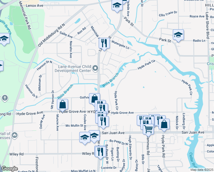 map of restaurants, bars, coffee shops, grocery stores, and more near 1704 Memory Lane in Jacksonville