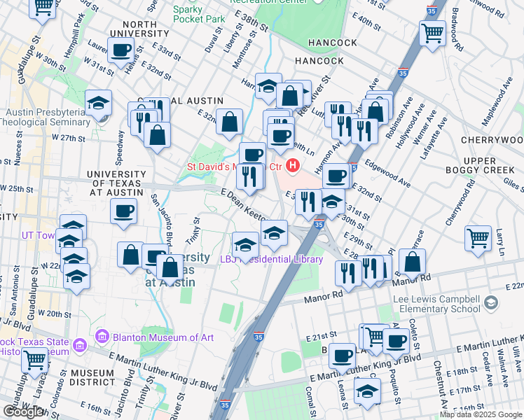 map of restaurants, bars, coffee shops, grocery stores, and more near 14 Medical Arts Square in Austin