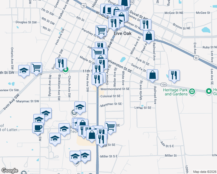 map of restaurants, bars, coffee shops, grocery stores, and more near 211 Westmoreland Street Southeast in Live Oak