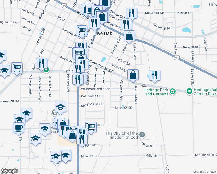 map of restaurants, bars, coffee shops, grocery stores, and more near 918 Pearl Avenue in Live Oak