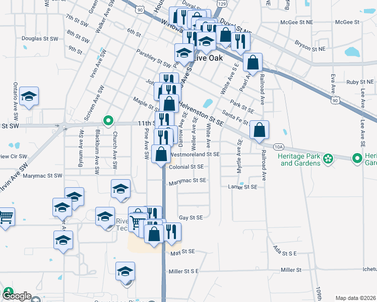 map of restaurants, bars, coffee shops, grocery stores, and more near 211 Westmoreland Street Southeast in Live Oak