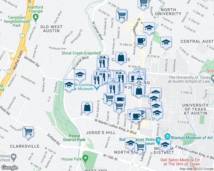 map of restaurants, bars, coffee shops, grocery stores, and more near W 24th St & Pearl St in Austin
