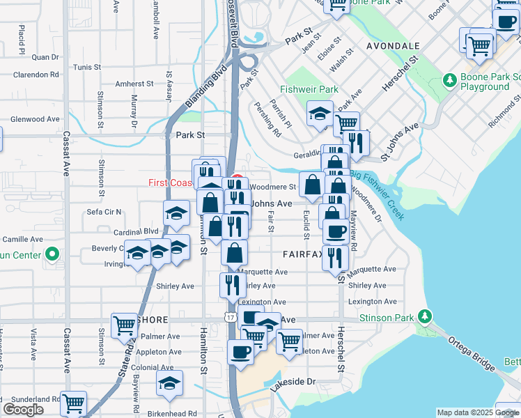map of restaurants, bars, coffee shops, grocery stores, and more near 4420 Saint Johns Avenue in Jacksonville