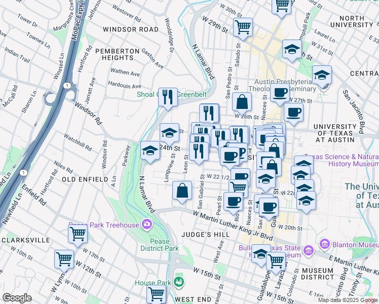map of restaurants, bars, coffee shops, grocery stores, and more near 1023 West 24th Street in Austin