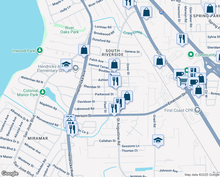 map of restaurants, bars, coffee shops, grocery stores, and more near 1730 Sheridan Street in Jacksonville