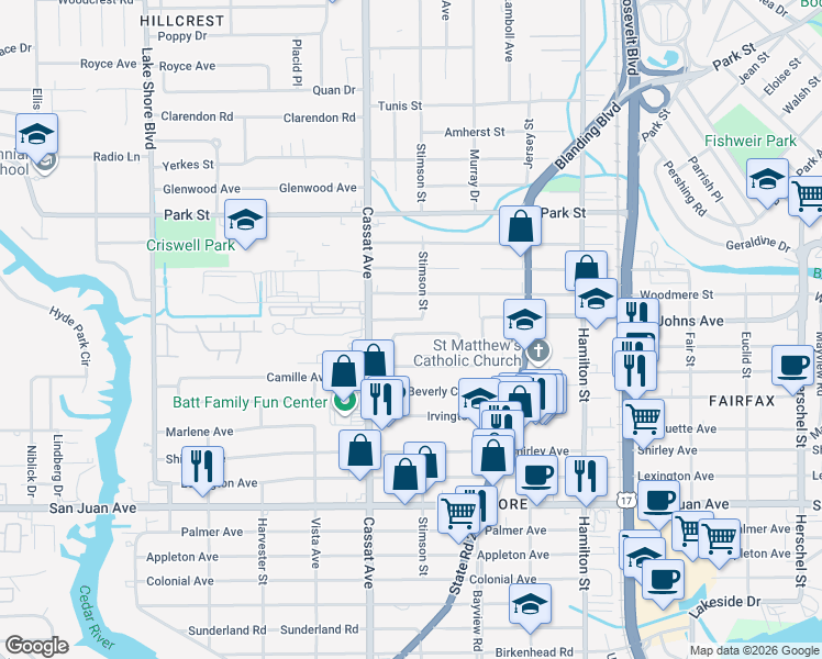 map of restaurants, bars, coffee shops, grocery stores, and more near 4819 Sefa Circle North in Jacksonville