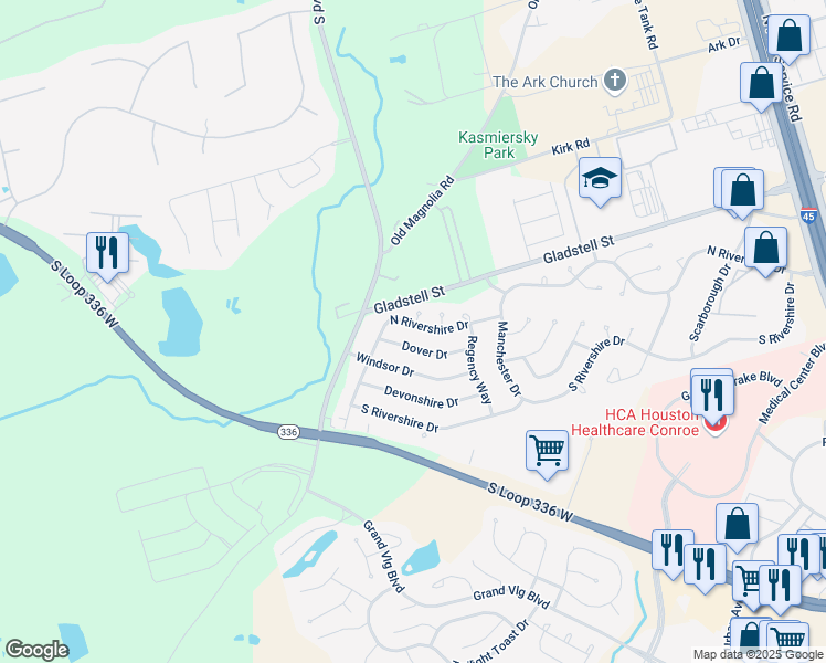 map of restaurants, bars, coffee shops, grocery stores, and more near 925 North Rivershire Drive in Conroe