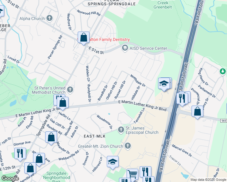 map of restaurants, bars, coffee shops, grocery stores, and more near 4801 Oldfort Hill Drive in Austin