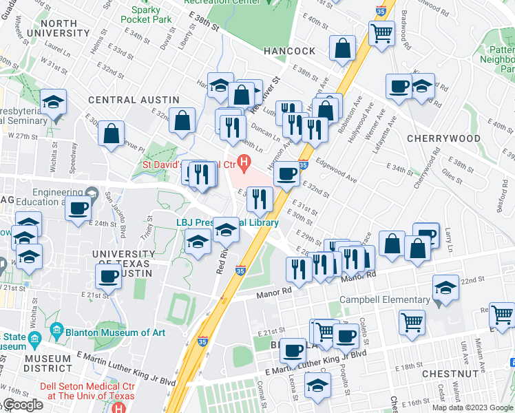 map of restaurants, bars, coffee shops, grocery stores, and more near 2908 Cole Street in Austin