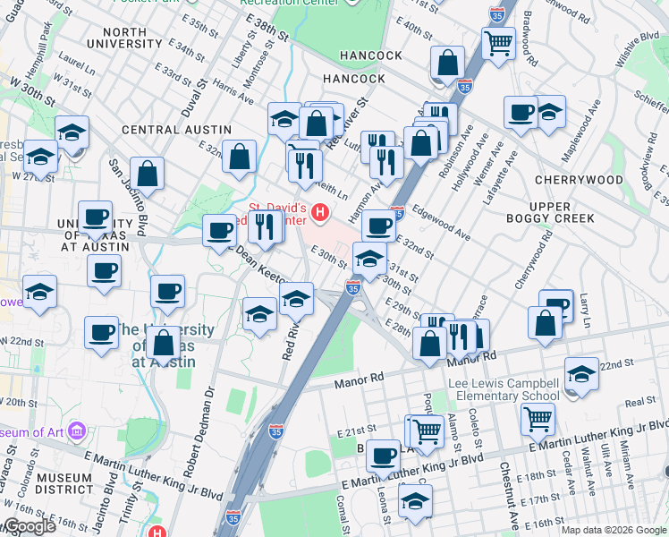 map of restaurants, bars, coffee shops, grocery stores, and more near 2908 Cole Street in Austin