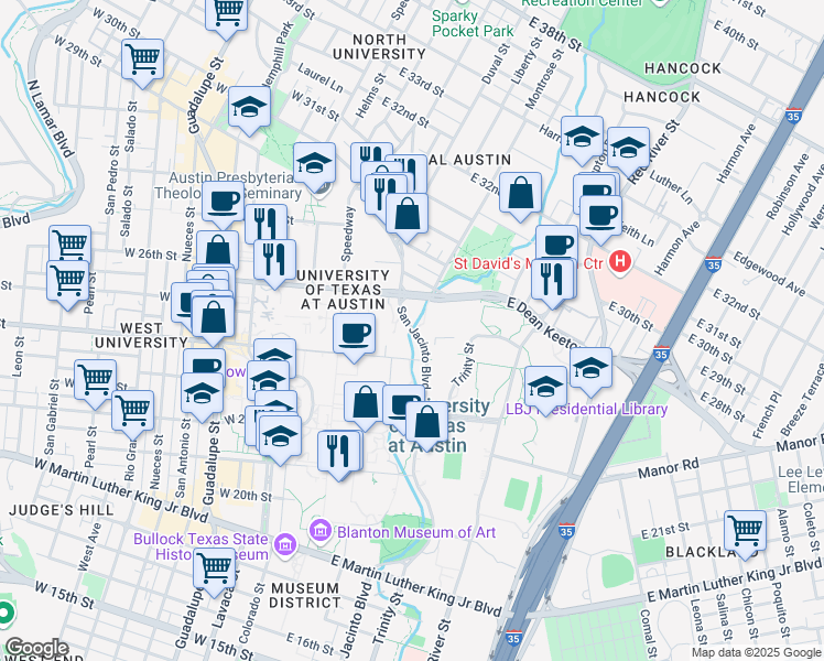 map of restaurants, bars, coffee shops, grocery stores, and more near 2484 San Jacinto Boulevard in Austin