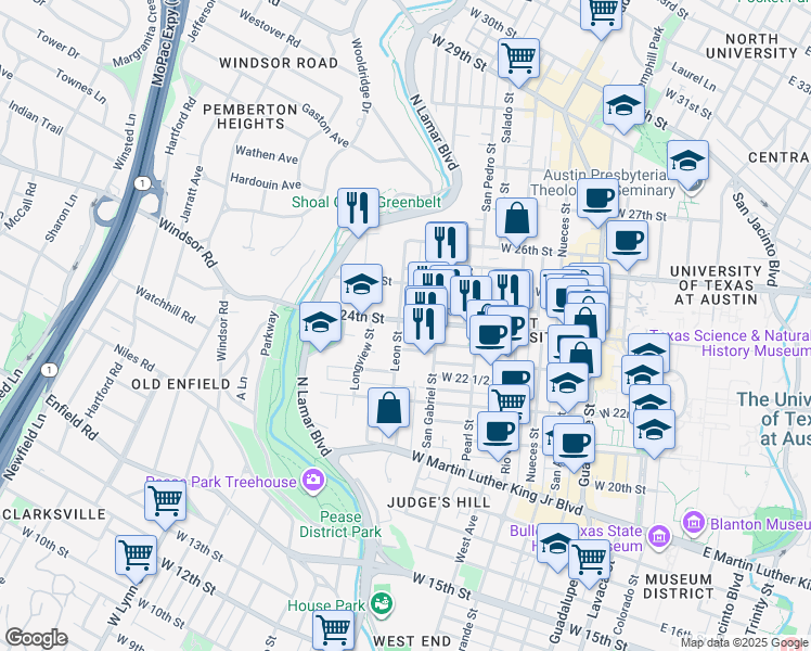 map of restaurants, bars, coffee shops, grocery stores, and more near 1023 West 24th Street in Austin