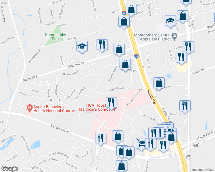 map of restaurants, bars, coffee shops, grocery stores, and more near 351 Scarborough Drive in Conroe
