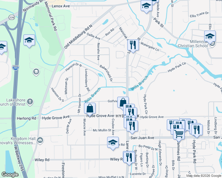 map of restaurants, bars, coffee shops, grocery stores, and more near 1712 Coulee Avenue in Jacksonville