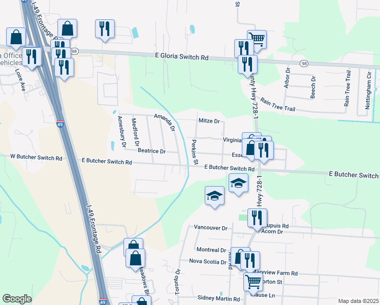 map of restaurants, bars, coffee shops, grocery stores, and more near 104 Amanda Drive in Lafayette