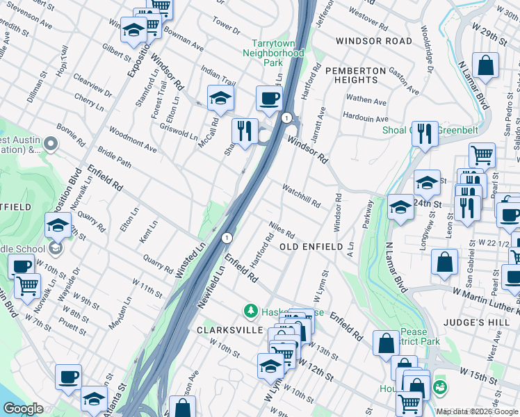 map of restaurants, bars, coffee shops, grocery stores, and more near 2105 Newfield Lane in Austin