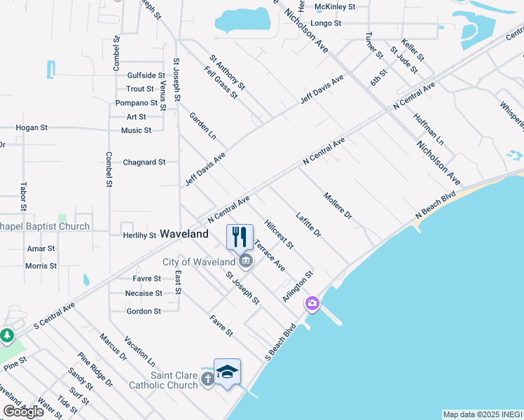 map of restaurants, bars, coffee shops, grocery stores, and more near 324 Hillcrest Street in Waveland