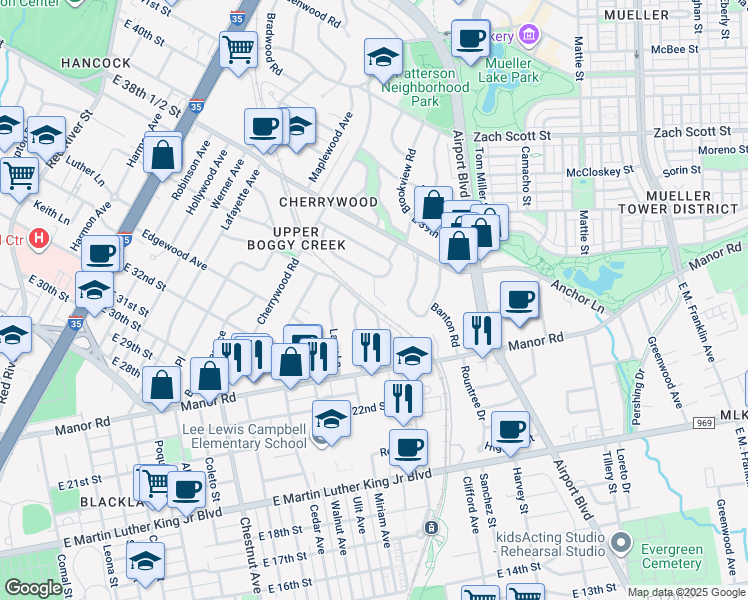map of restaurants, bars, coffee shops, grocery stores, and more near 3500 Vineland Drive in Austin