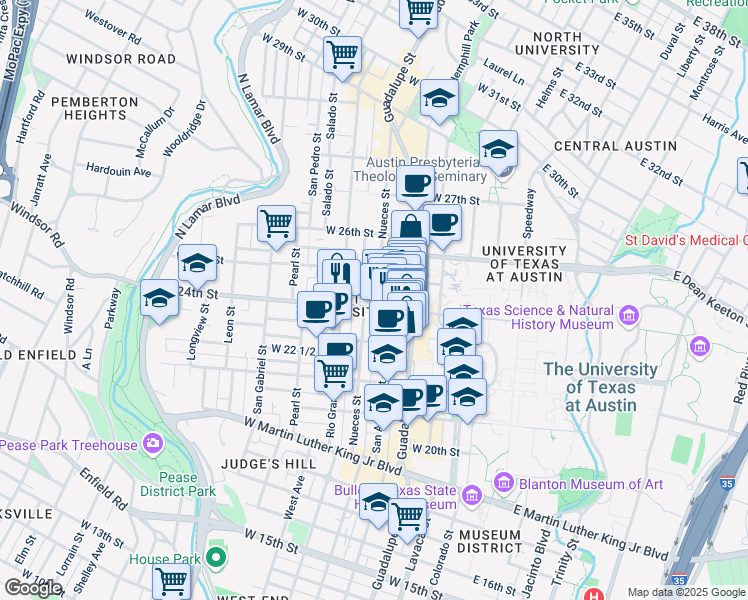map of restaurants, bars, coffee shops, grocery stores, and more near 2400 Nueces Street in Austin