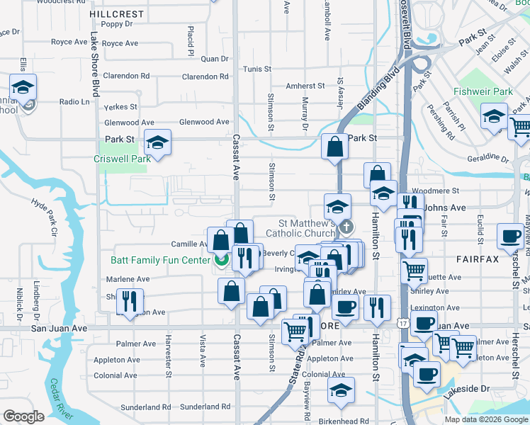 map of restaurants, bars, coffee shops, grocery stores, and more near 4819 Sefa Circle North in Jacksonville
