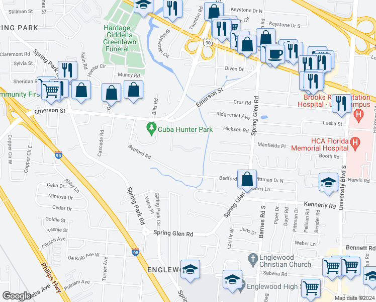 map of restaurants, bars, coffee shops, grocery stores, and more near 3650 Ring Lane in Jacksonville