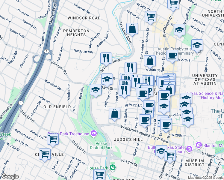 map of restaurants, bars, coffee shops, grocery stores, and more near 1201 West 24th Street in Austin