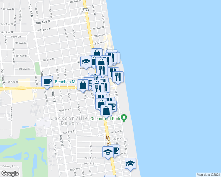 map of restaurants, bars, coffee shops, grocery stores, and more near 126 Beach Blvd in Jacksonville Beach