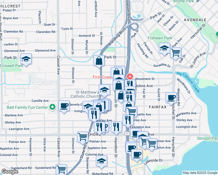 map of restaurants, bars, coffee shops, grocery stores, and more near 4570 Saint Johns Avenue in Jacksonville