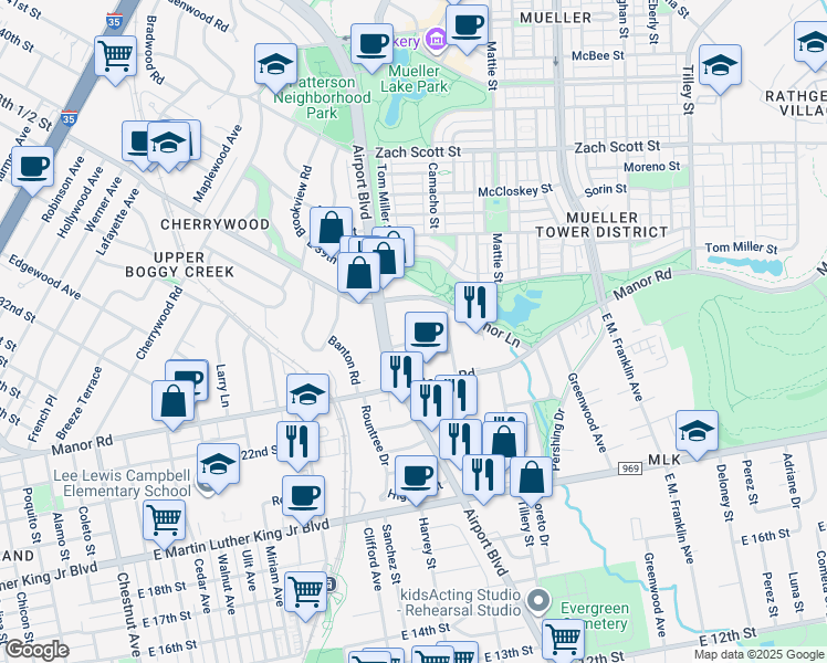map of restaurants, bars, coffee shops, grocery stores, and more near 3709 Tower View Court in Austin